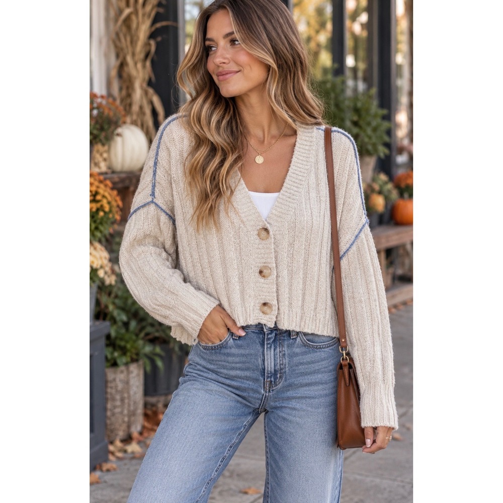 Shop Neighbor Cream Cropped Cardigan Sweater Blue Contrast Stitch Button Front